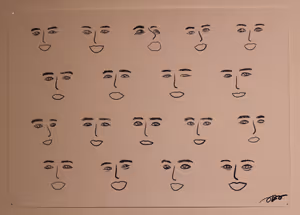 Harmonic Hormones drawing of rows of faces with varied expressions