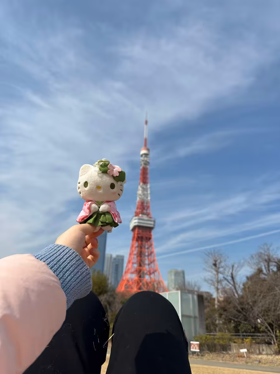 Holding a small plush toy up against the Tokyo skyline