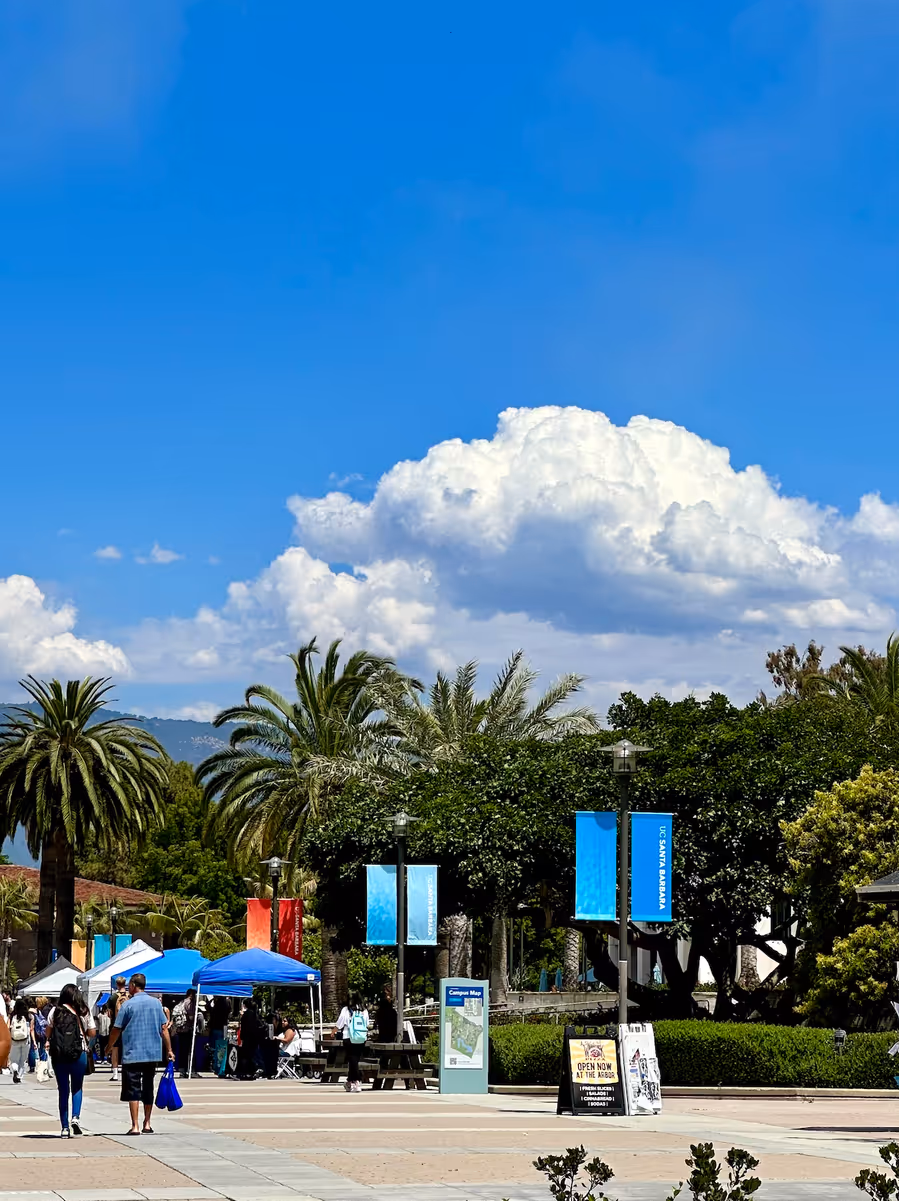 UC Santa Barbara campus under a bright blue sky