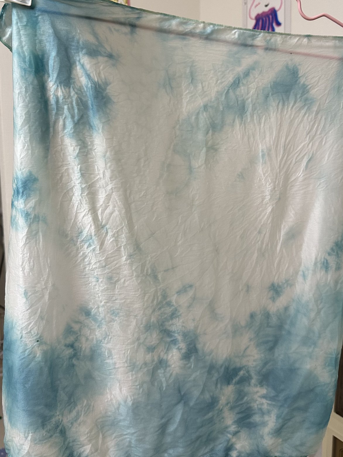 Finished shibori silk scarf, turquoise-blue and white gradient