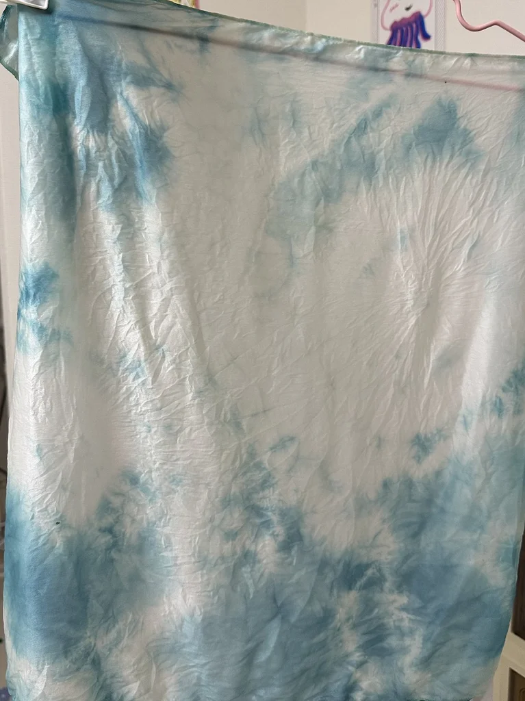 Finished shibori silk scarf, turquoise-blue and white gradient